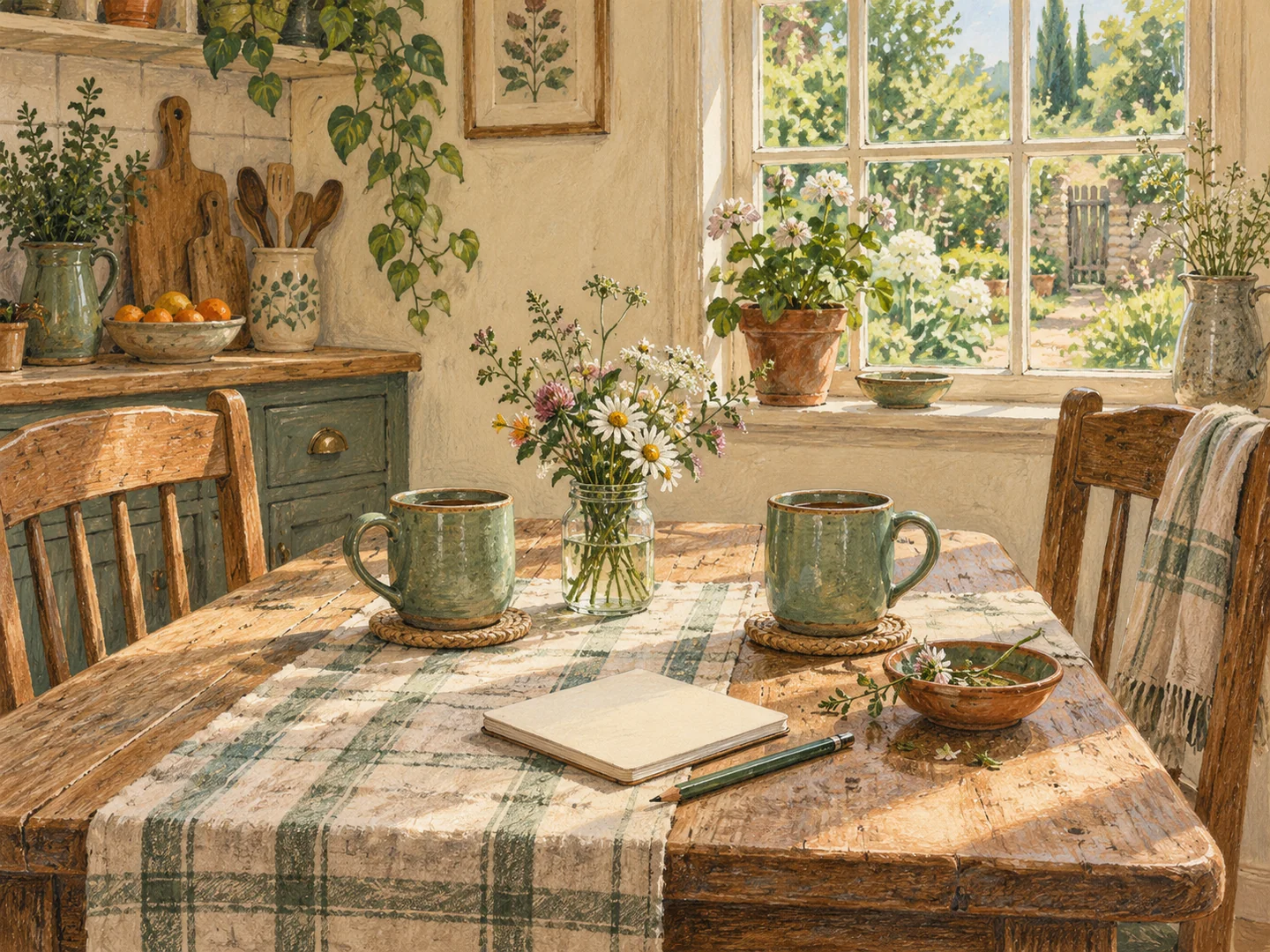 Two cups of tea and a blank notebook ready for an unhurried conversation