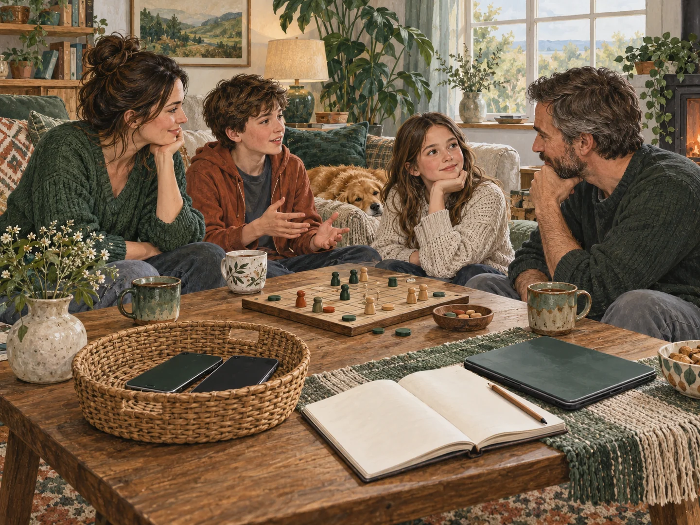 Phones put aside in a woven basket beside a family notebook and a board game