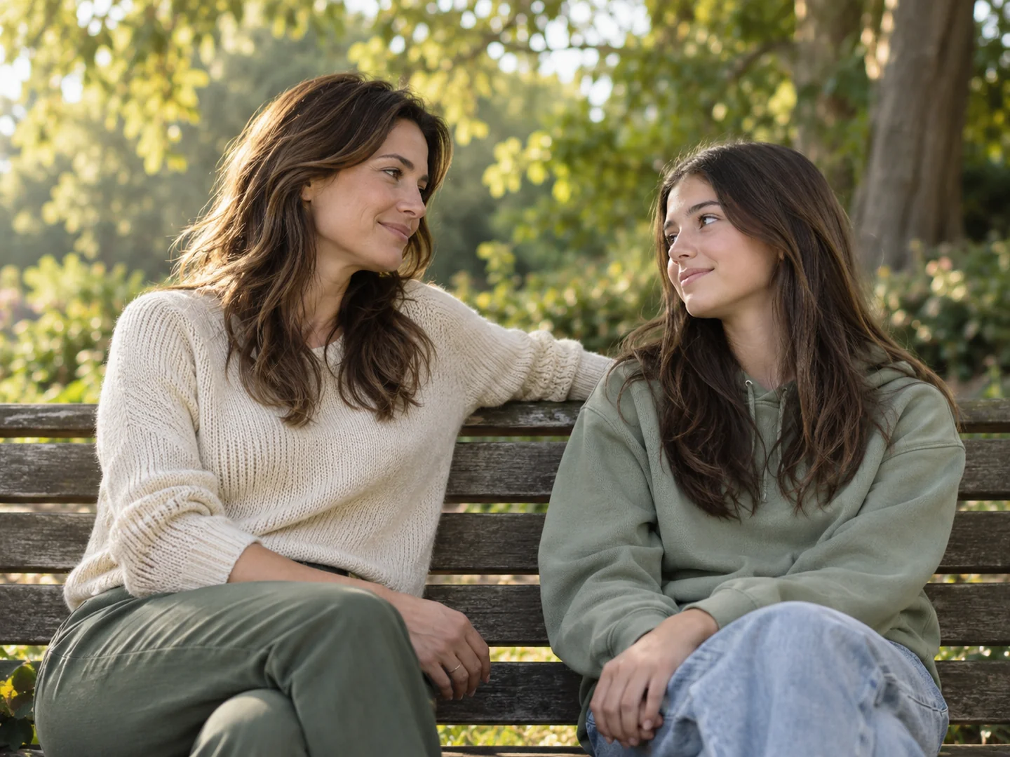 A parent and teenage daughter sharing a quiet conversation on a park bench