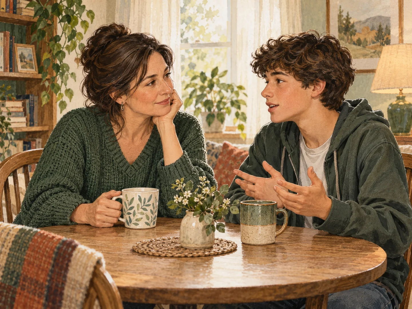 A parent listening attentively while a teenager talks over tea