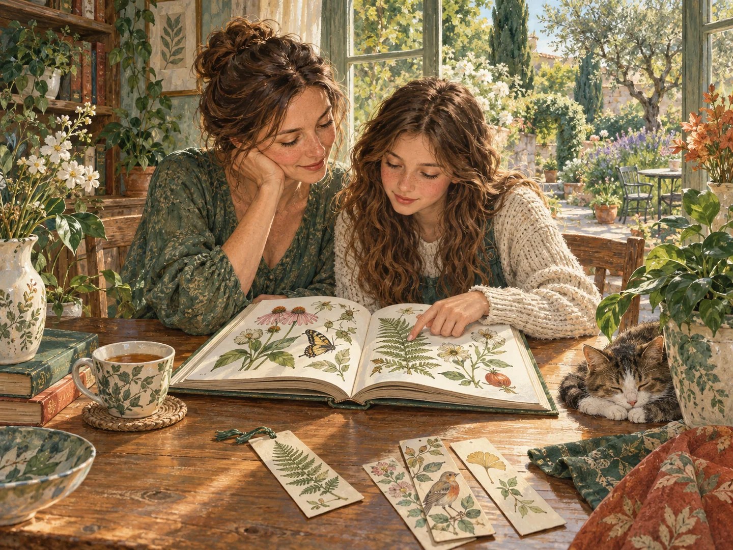A parent and teenage daughter sharing an illustrated book