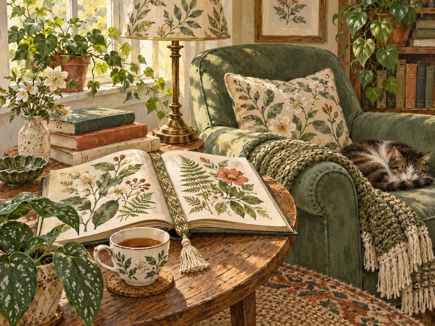 An open botanical picture book, bookmarks and tea in a comfortable reading corner