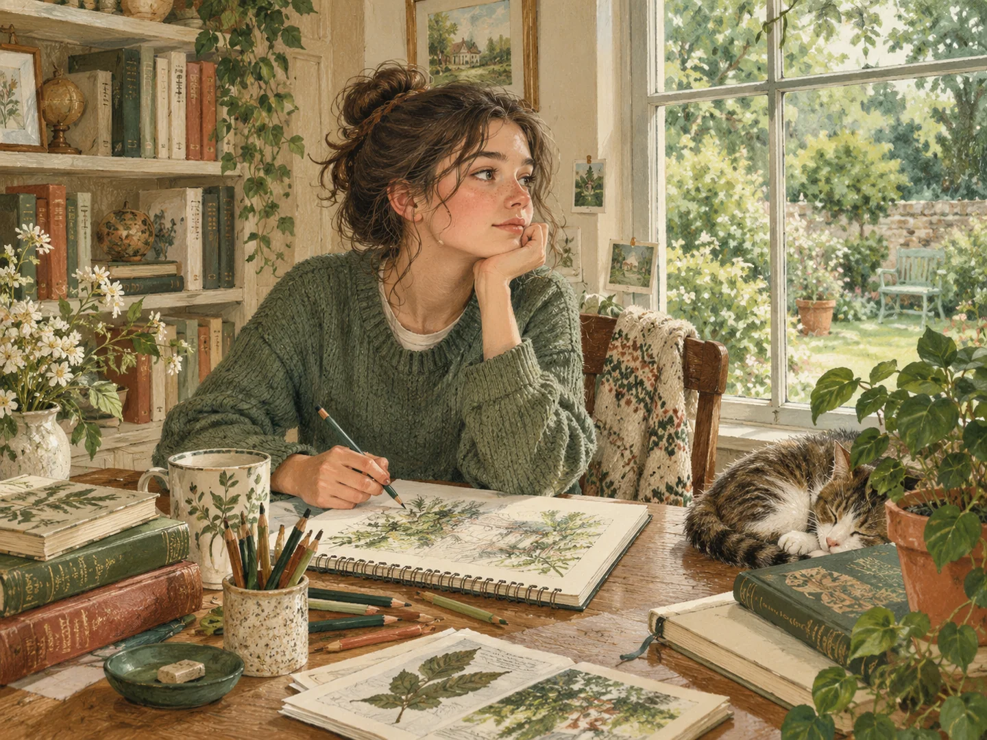 A young person sketching beside a sunlit garden window